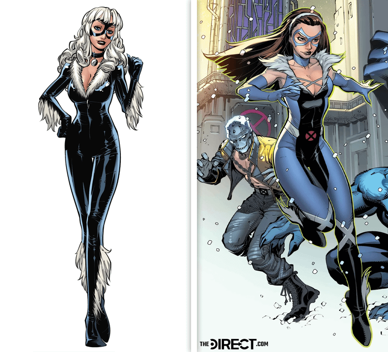 Comparison between Felicia Hardy's default Black Cat costume and her new X-Men costume.