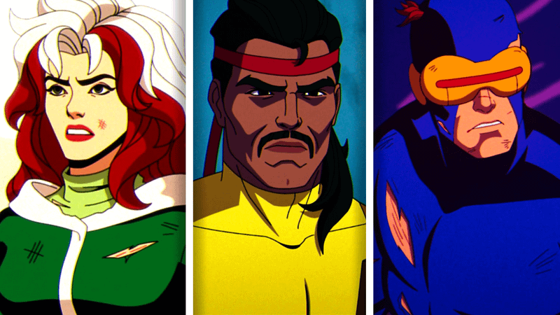 A three-way split screen image featuring Rogue, Forge, and Cyclops in X-Men '97 Season 1.