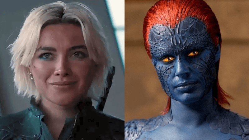 Florence Pugh as Yelena Belova in 'Thunderbolts*,' Rebecca Romijn as Mystique in 'X-Men: The Last Stand.'