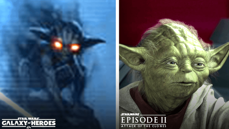 Yoda (Dark Side Vision) in Galaxy of Heroes and Yoda in Attack of the Clones.