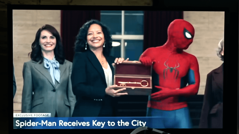 Zabryna Guevara as Sheila Riviera with Tom Holland's Spider-Man.