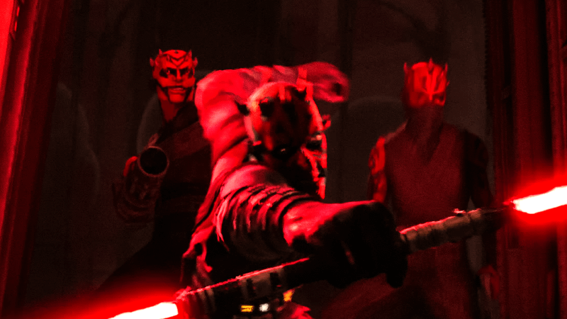 Maul wielding a lightsaber with Scorn and Icarus behind him.