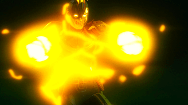 A zombie Captain Marvel powering up with glowing hands in Marvel Zombies