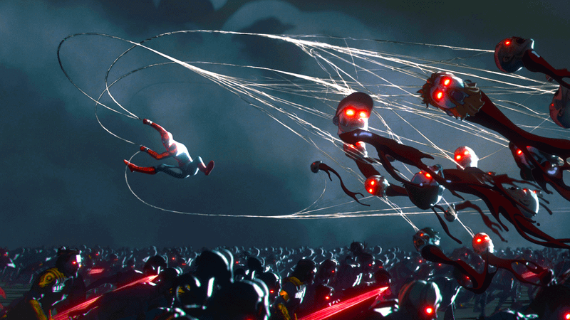 Spider-Man webbing the heads off zombies in Marvel Zombies