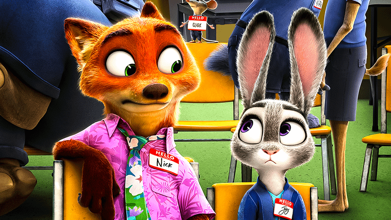Nick Wilde and Judy Hopps eye each other while wearing name tags in Zootopia 2.